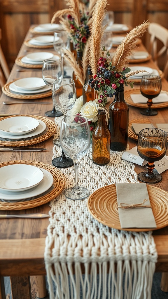A beautifully arranged bohemian chic wedding table setting featuring natural elements.