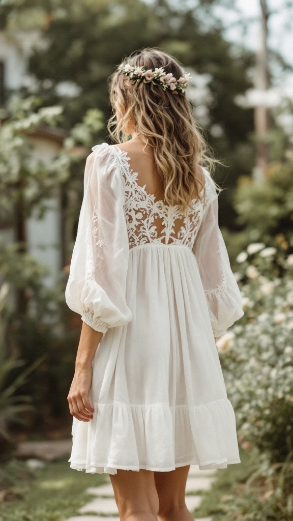 A woman wearing a beautiful white boho mini dress with lace details and puffed sleeves, standing in a garden.