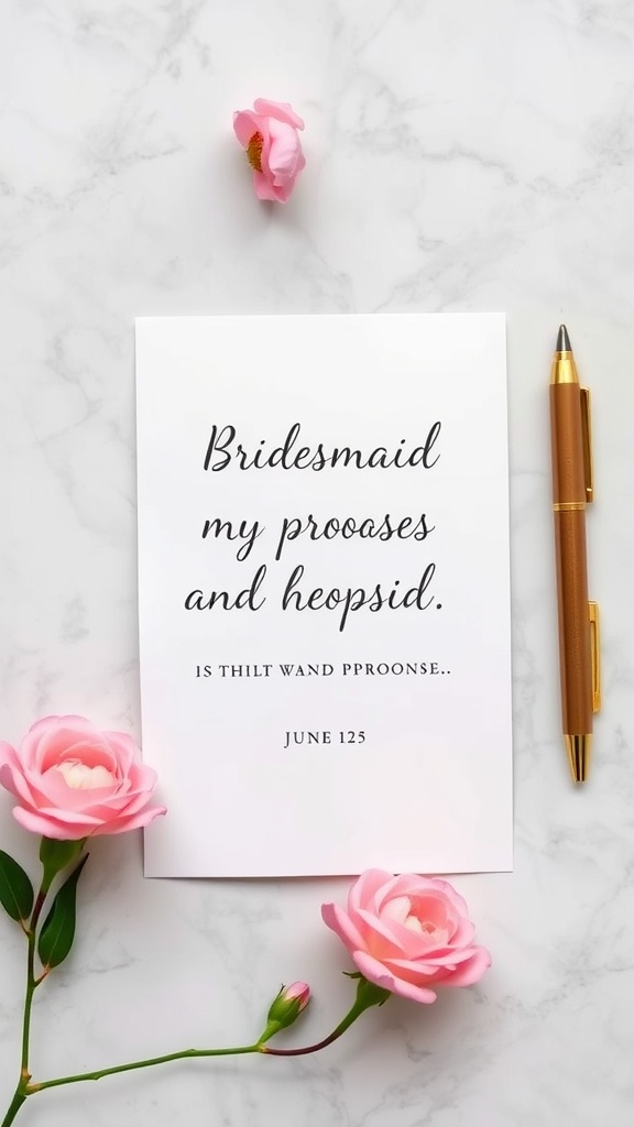 Bridesmaid proposal card with roses and a pen