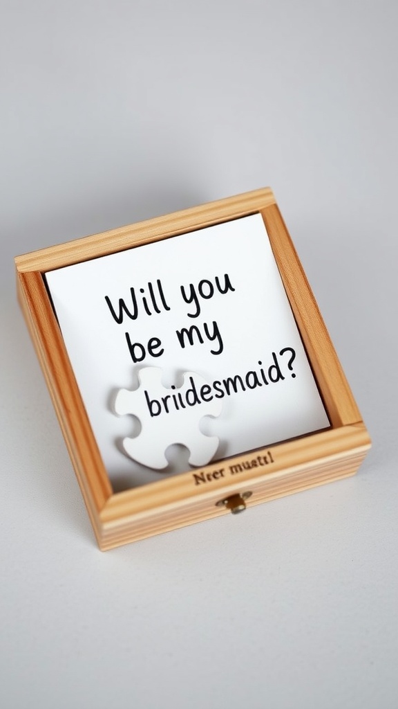 A wooden box with a puzzle piece, asking 'Will you be my bridesmaid?'
