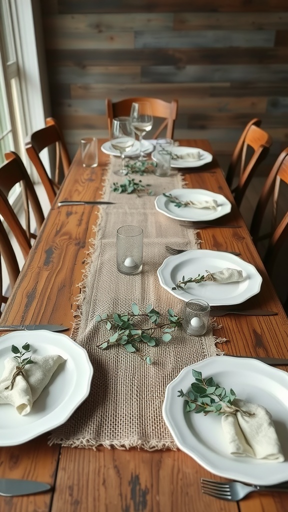 A rustic wedding table setting featuring a burlap and lace table runner, white plates, and greenery.