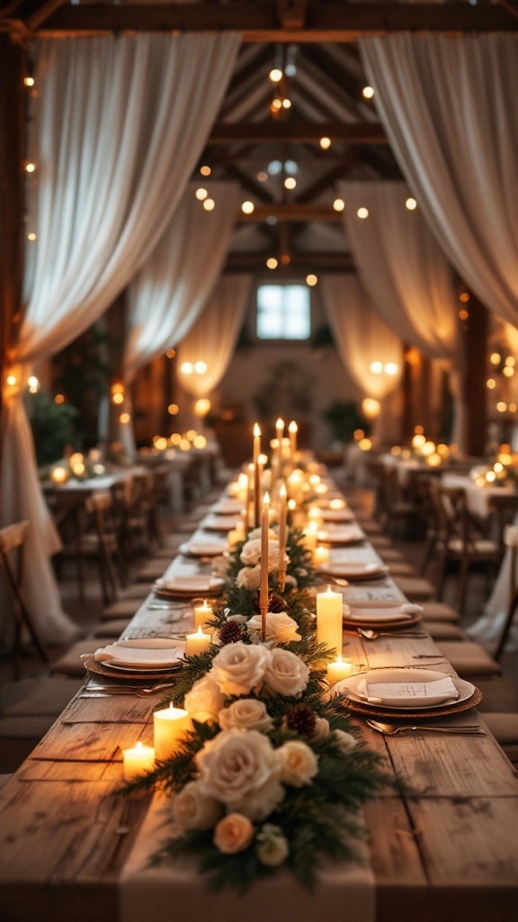 A beautifully arranged candlelit barn reception with long tables, soft drapes, and floral centerpieces.