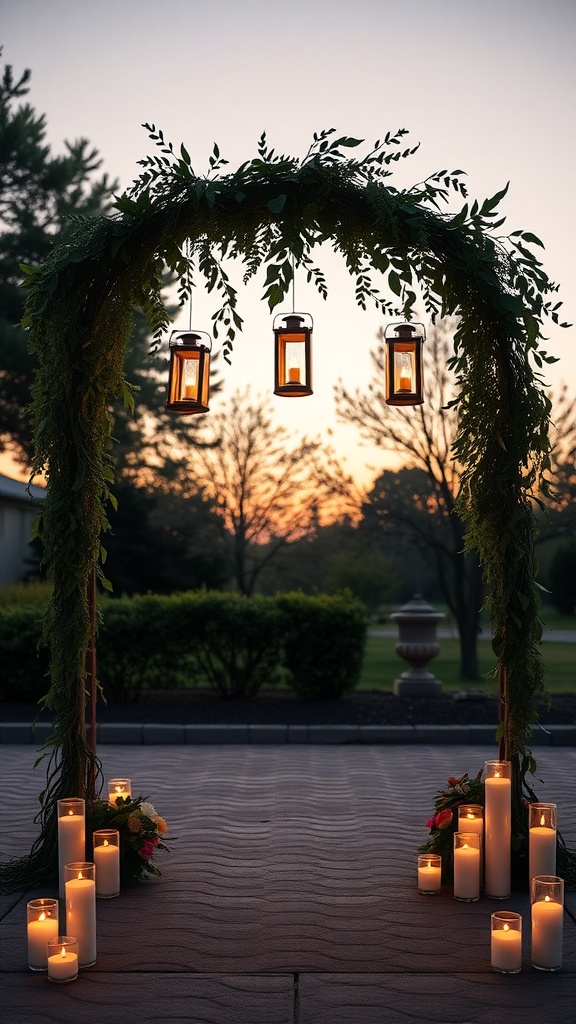 A candlelit wedding arch with greenery and lanterns at sunset.