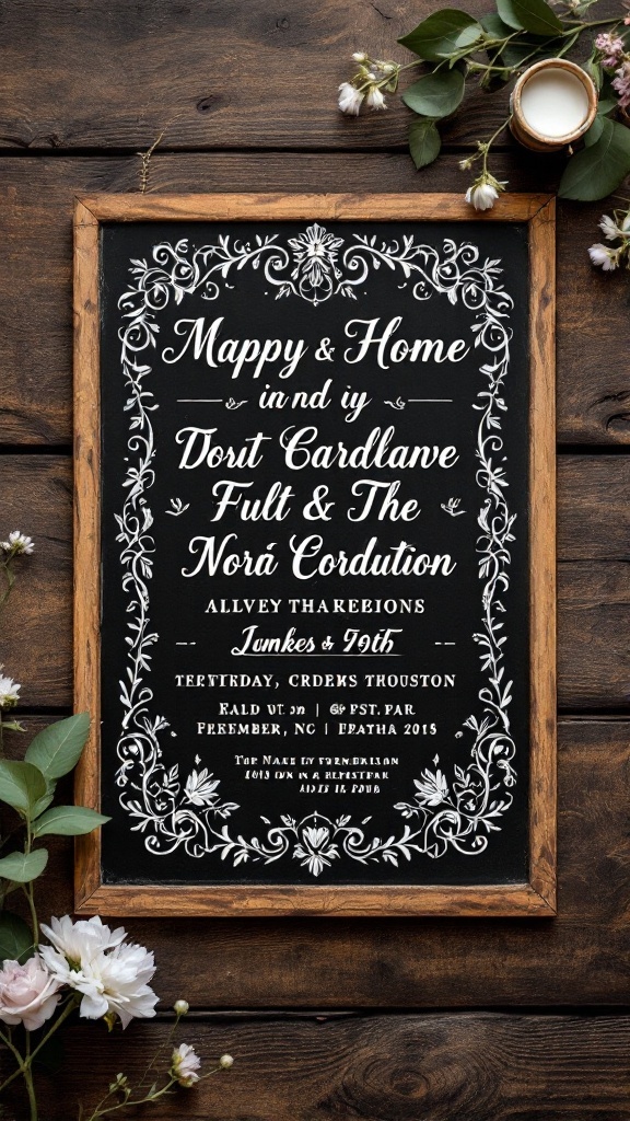 A chalkboard style wedding invitation with floral decorations and elegant typography