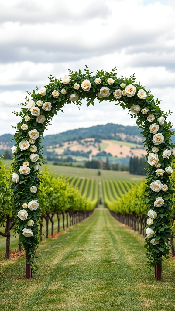 A circular wedding arch covered in white roses and greenery, set against a vineyard landscape.
