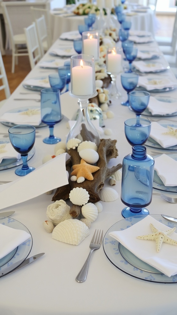 Coastal themed wedding table setting with blue glassware and seashell decor