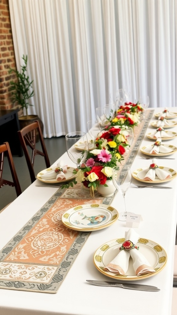 Elegant wedding table setting showcasing cultural heritage elements with flowers and unique dish designs.