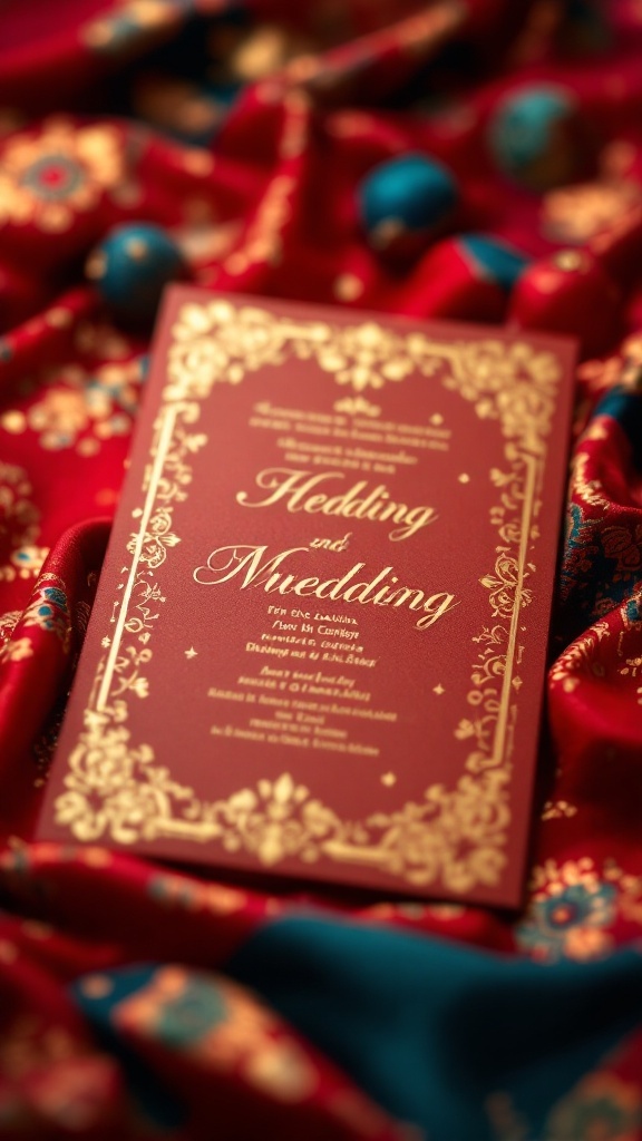 A wedding invitation featuring cultural motifs, with gold lettering on a red background, placed on a patterned fabric.