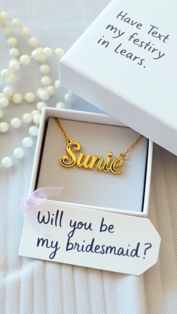 A custom name necklace displayed in a box with a note asking to be a bridesmaid.