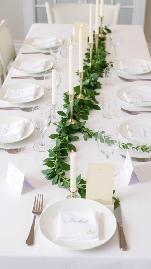 A wedding table setting featuring white plates, green foliage, and candles.