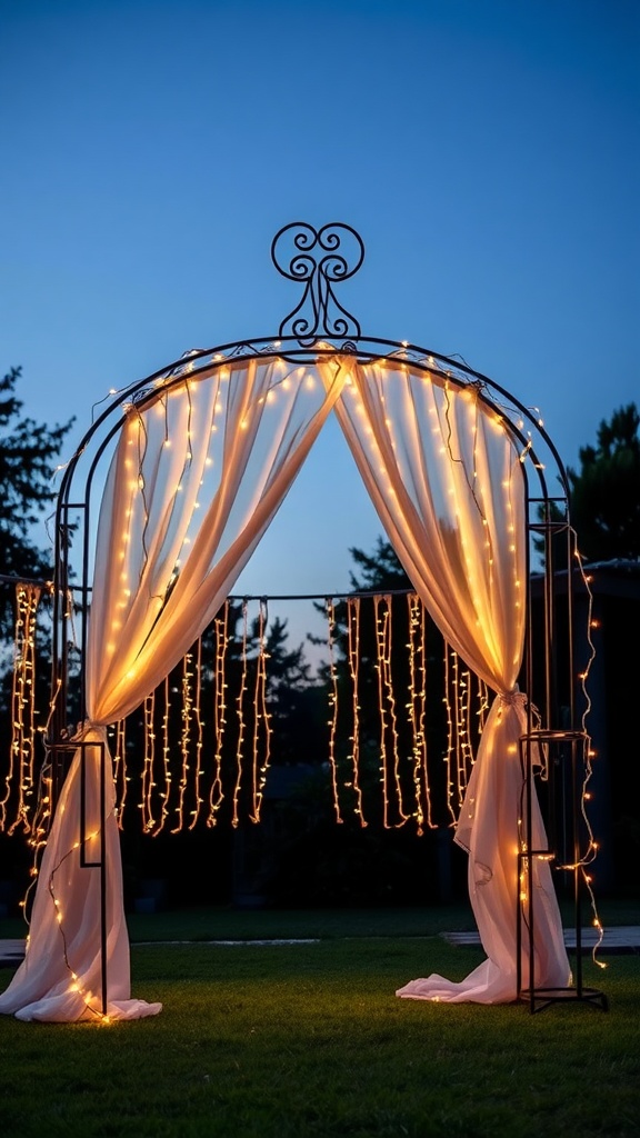 A wedding arch decorated with fairy lights and white fabric, set against a twilight sky.
