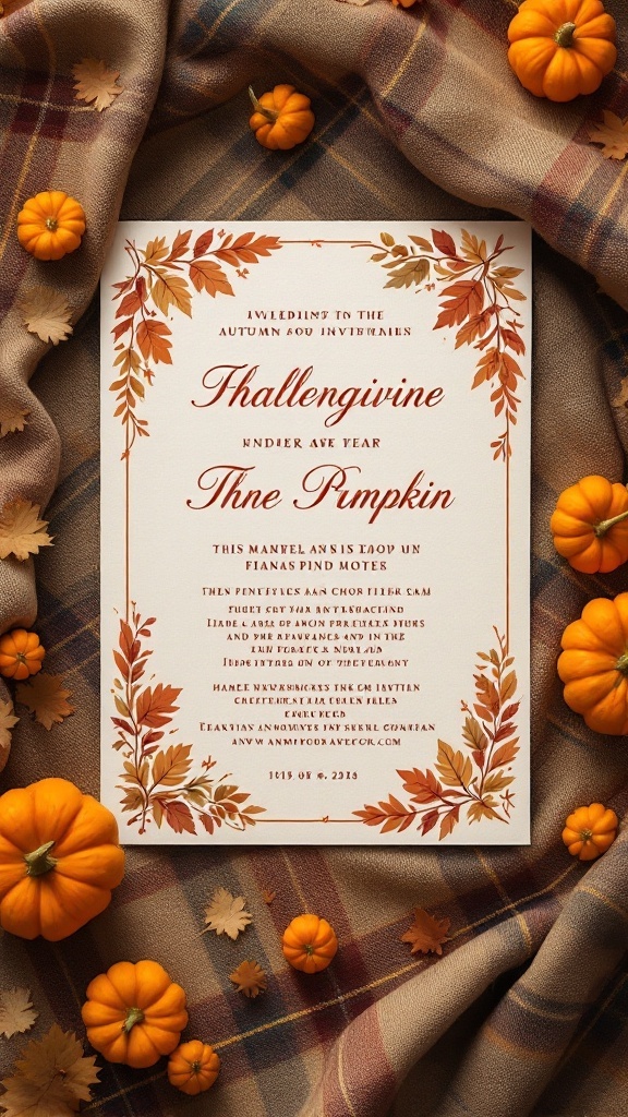 A fall-themed wedding invitation featuring autumn leaves and pumpkins on a plaid background.