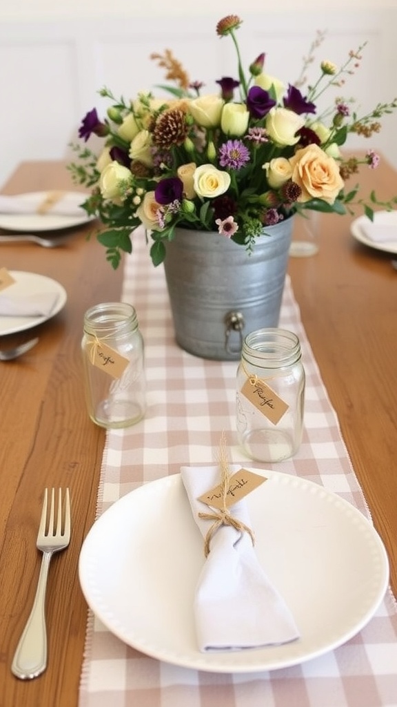 A rustic wedding table setting featuring a floral centerpiece, mason jars, and a checkered table runner.