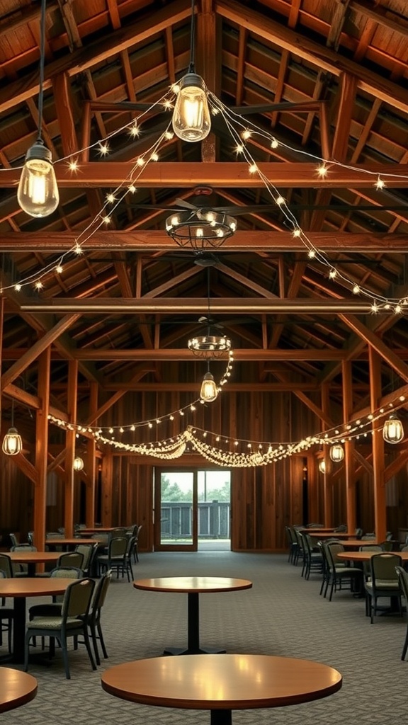 Interior of a barn venue decorated with hanging string lights and wooden tables.
