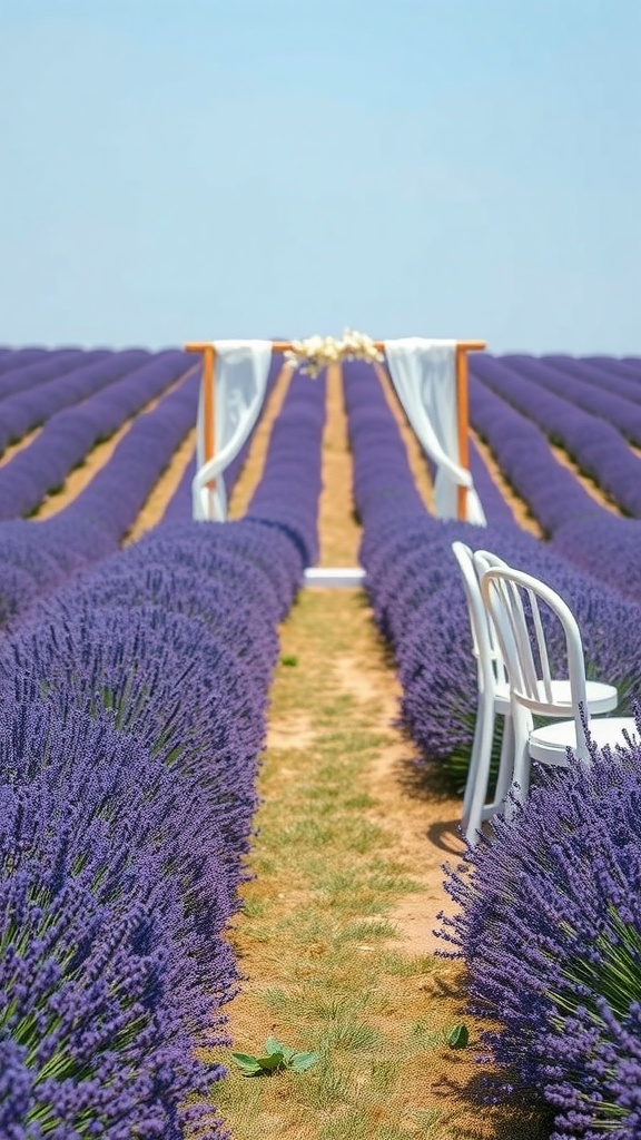 A lavender field with rows of blooming lavender and a ceremony setup.