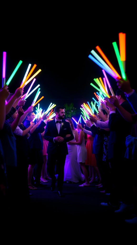 A couple exiting their wedding ceremony through a tunnel of colorful LED glow sticks held by guests.