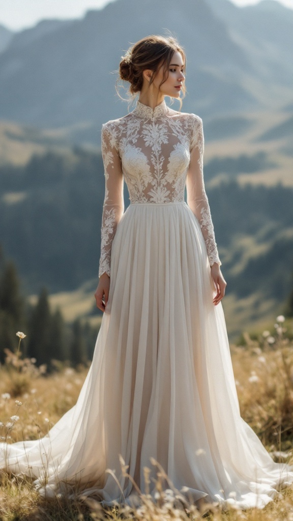 A model wearing a long sleeve boho wedding dress in a natural outdoor setting, with mountains in the background.