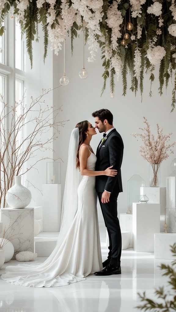 A bride and groom sharing a moment in a minimalist modern wedding setting with white floral decor and geometric shapes.
