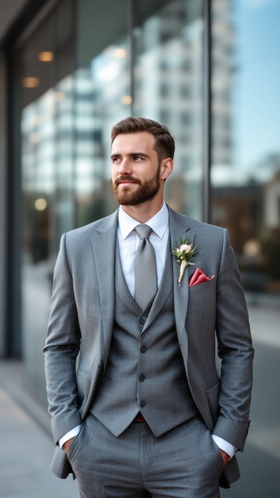A groom in a grey suit with a vest and a pink pocket square, standing confidently outside a modern building.