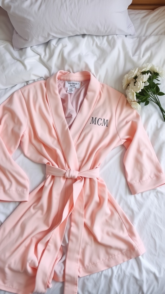 A pink monogrammed robe with initials MCM displayed on a bed with flowers.
