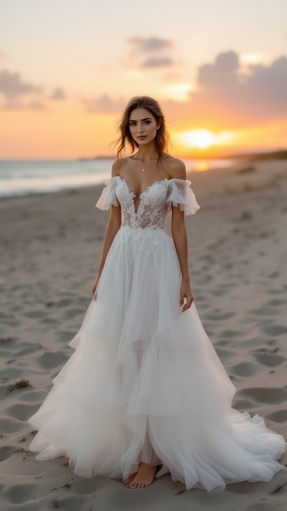A model in an off-shoulder boho wedding dress standing on a beach at sunset.