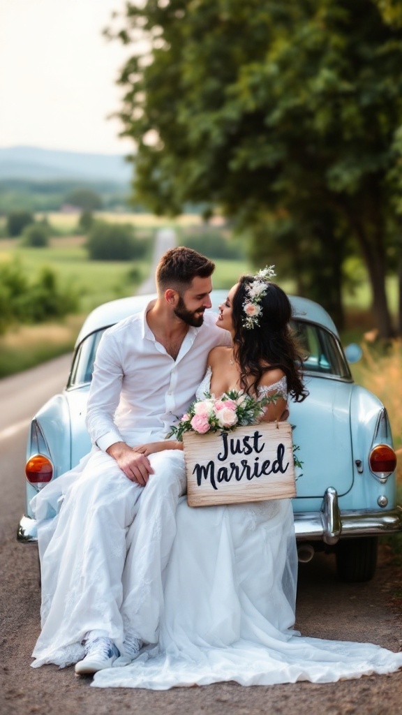A couple in wedding attire sitting on a vintage car with a 'Just Married' sign.