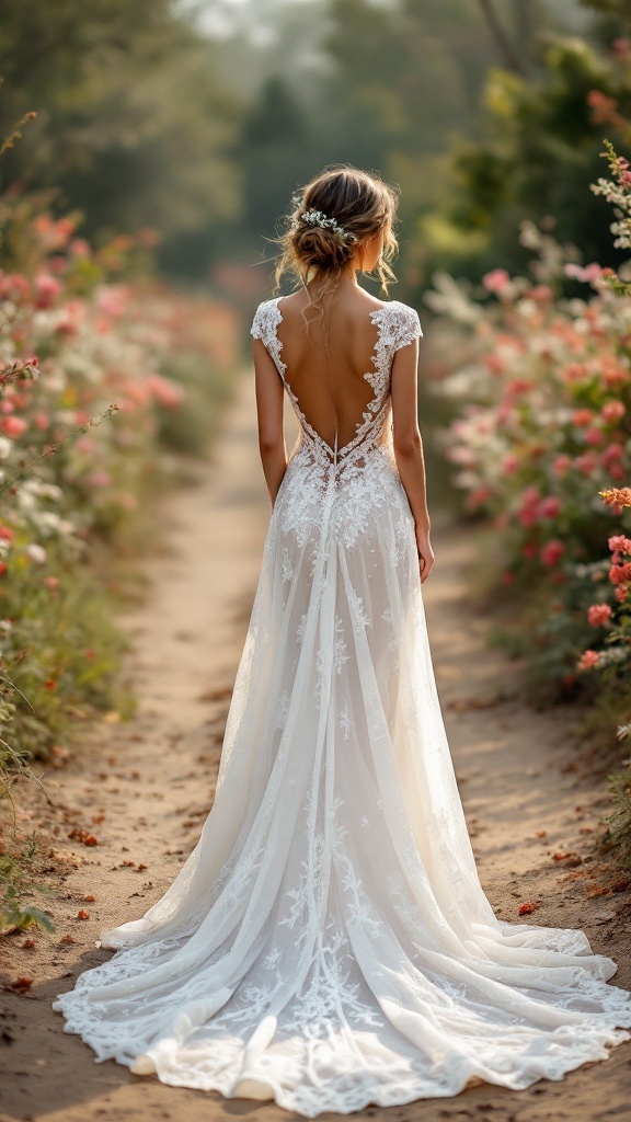 A bride in an open-back lace wedding dress stands in a flower-lined pathway