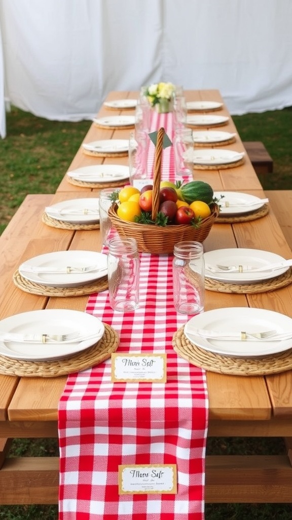 Outdoor picnic style wedding table setting with a checkered table runner and fresh fruits.