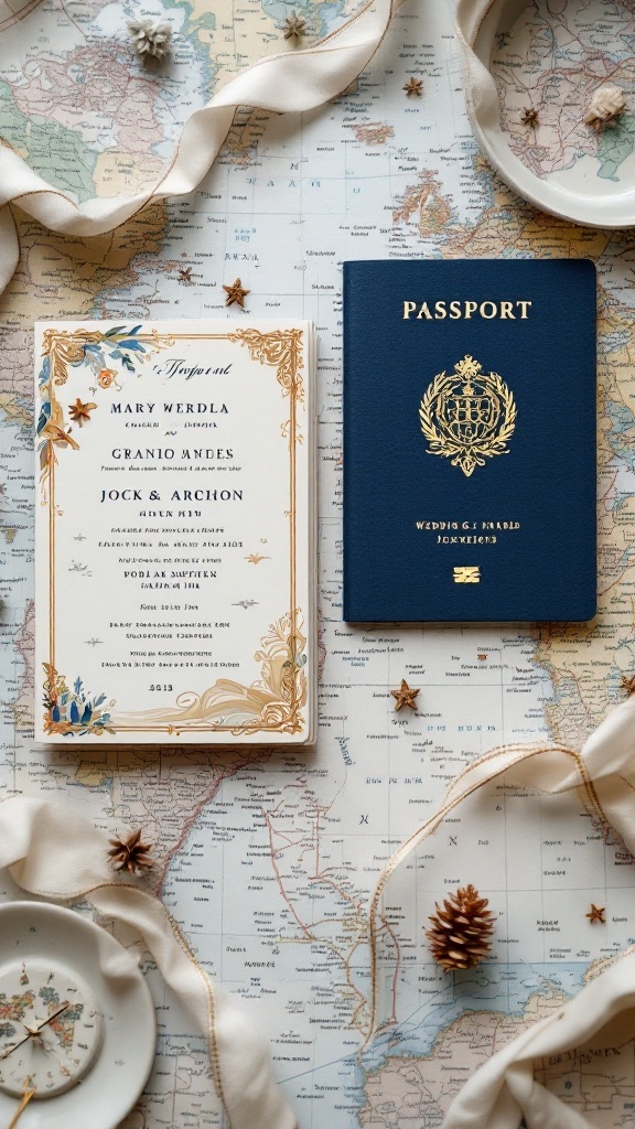 A passport style wedding invitation displayed alongside a traditional invitation on a map background.