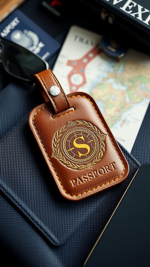 Personalized leather luggage tag with passport and map