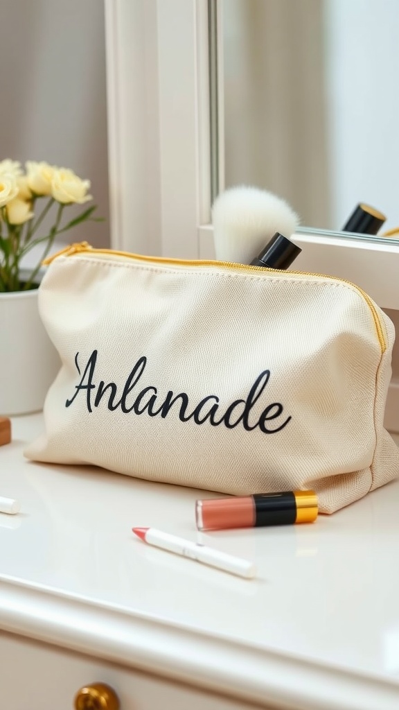 A personalized makeup bag with the name Anlanade, surrounded by makeup items and flowers.