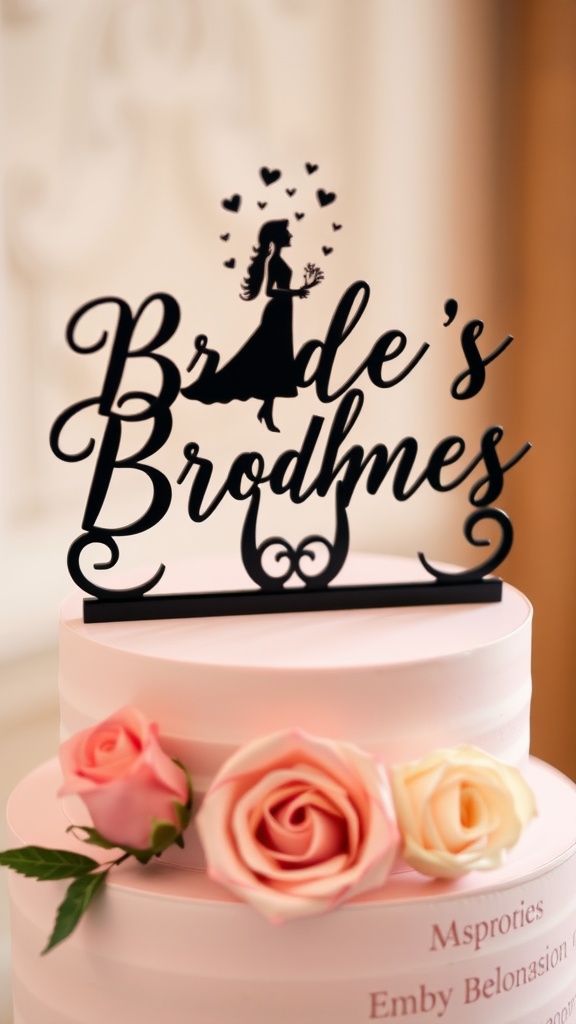 A wedding cake with a personalized name topper featuring a bride and groom silhouette on top, surrounded by pink roses.