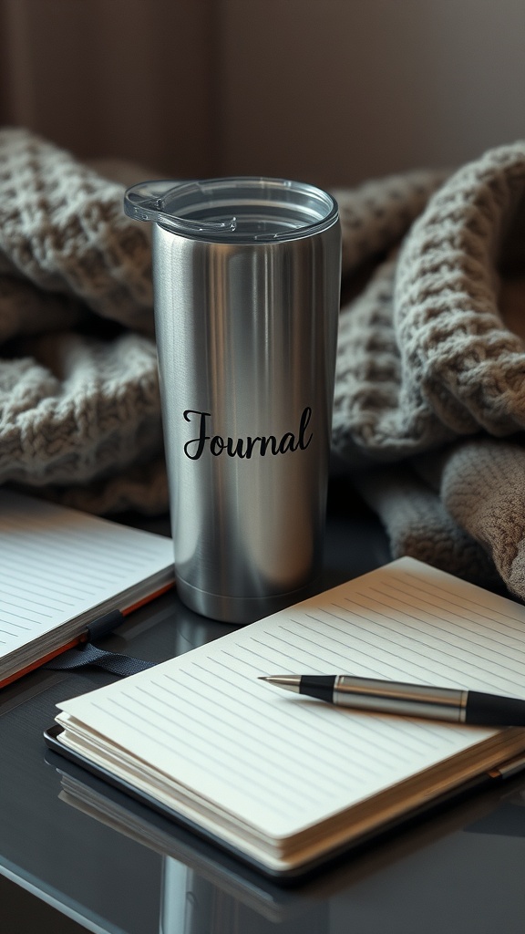 A personalized tumbler on a table with notebooks and a cozy blanket
