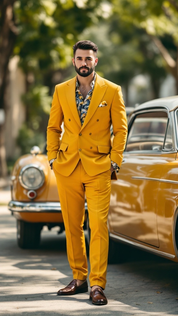 Groom in a vibrant yellow suit standing next to a vintage car, showcasing retro 70s style.