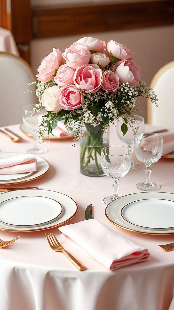 A beautifully set wedding table featuring blush pink flowers and rose gold accents.