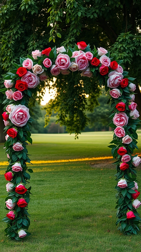 A romantic wedding arch decorated with red and pink roses, surrounded by green grass and trees.
