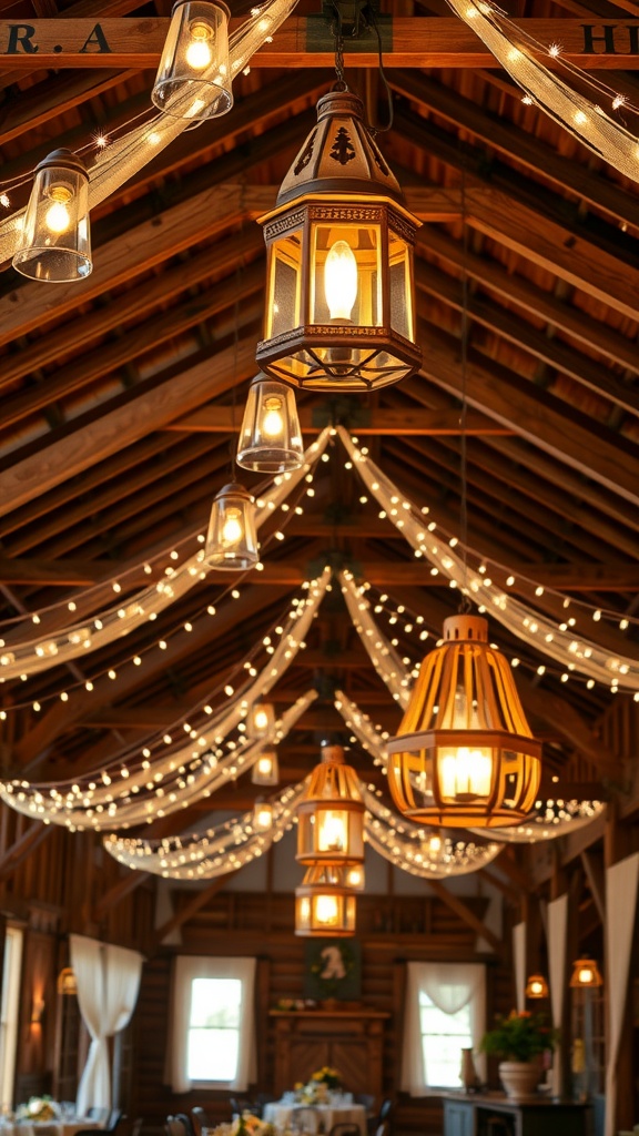 Warm lighting in a rustic barn setting with lanterns and string lights.