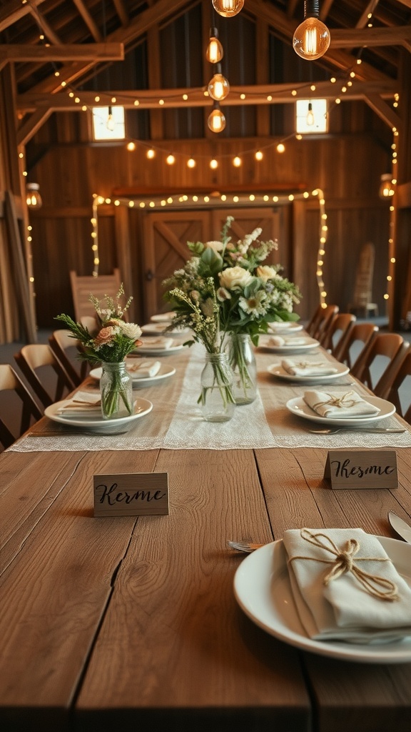 A rustic wedding table setup in a barn with wooden tables, floral arrangements, and warm lighting.