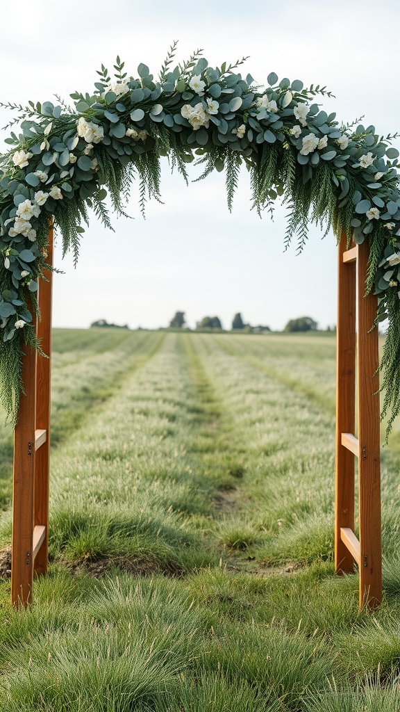 A rustic wooden arch decorated with greenery and flowers, set in a grassy field.