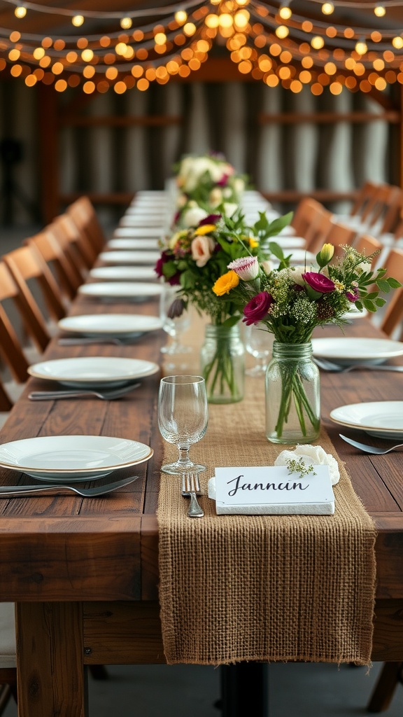 A beautifully arranged rustic wedding table setting with wooden tables, floral centerpieces, and place cards.