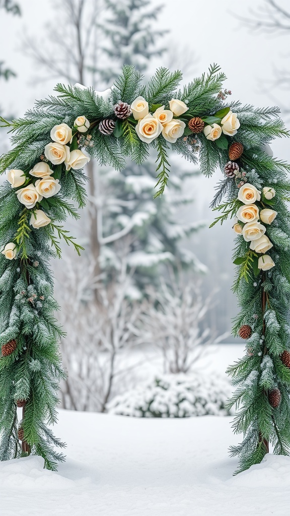 A snowy wedding arch decorated with cream roses and pine cones