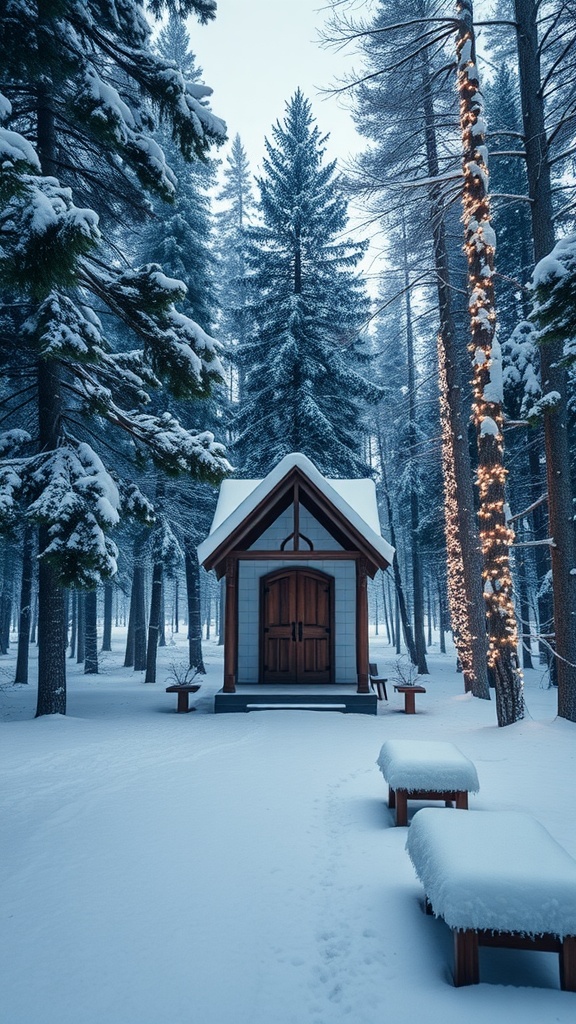 A charming cabin in a snowy forest, surrounded by tall pine trees.