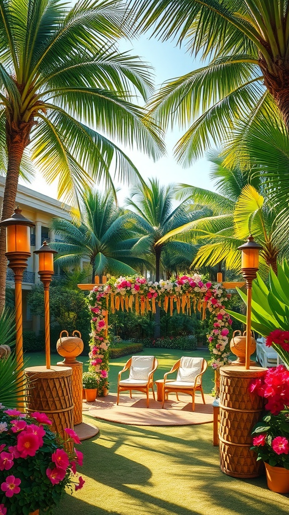 Tropical garden wedding setup with flowers and palm trees
