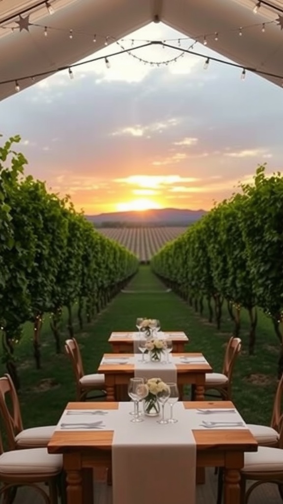 Vineyard wedding setup with tables and sunset background