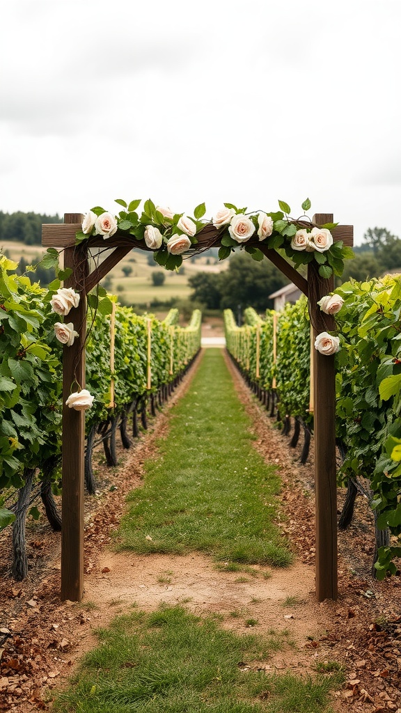 Wooden wedding arch adorned with roses in a vineyard