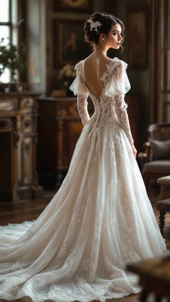 A vintage-inspired lace wedding dress with a low back and puffed sleeves, displayed in an ornate interior.