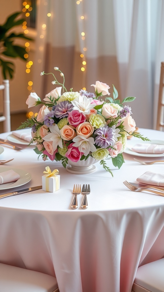A beautifully arranged wedding table setting with a pastel floral centerpiece and elegant tableware.
