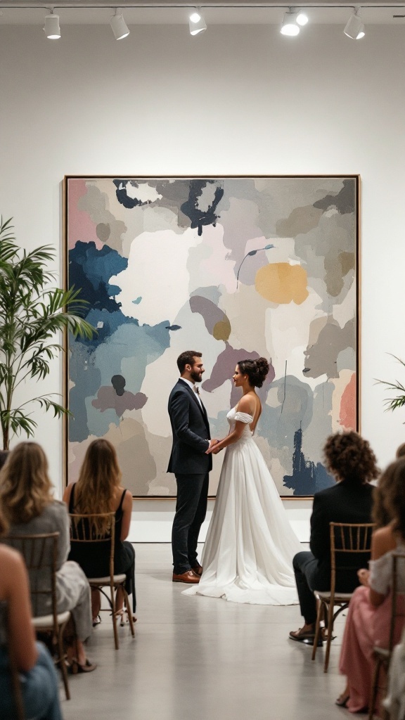 A couple standing in front of an abstract painting during their wedding ceremony in an art gallery.
