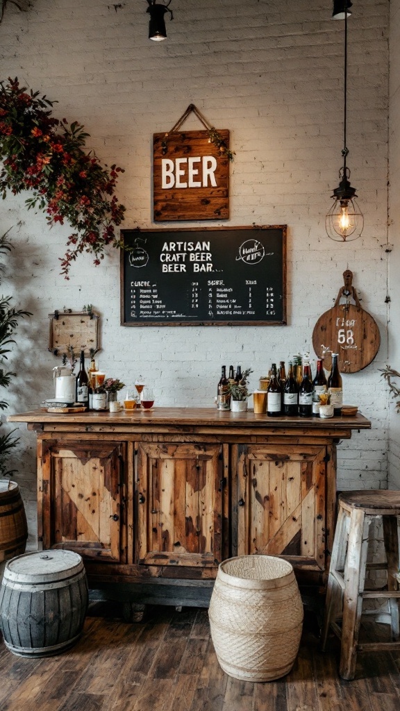 Artisan craft beer bar with wooden decor, beer selection, and rustic atmosphere.