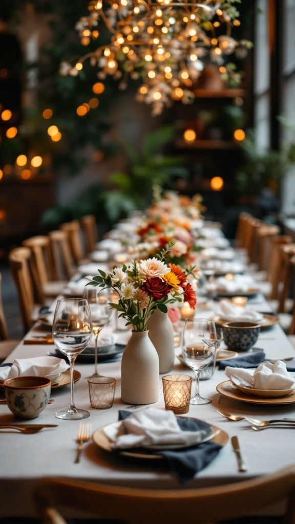 A beautifully arranged wedding table setting with flowers and elegant tableware.